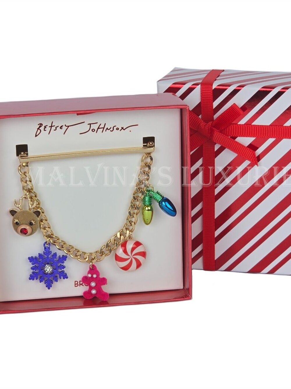BETSEY JOHNSON PIN GOLDTONE CHRISTMAS HOLIDAY CHARM w GIFT BOX